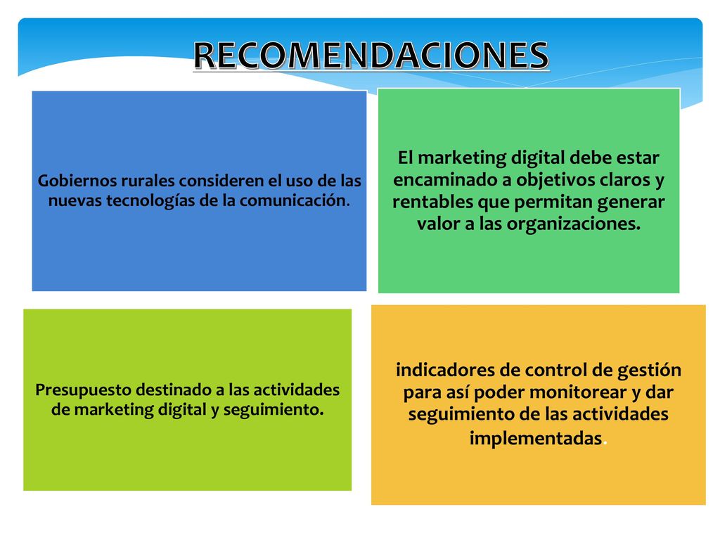 RECOMENDACIONES Gobiernos rurales consideren el uso de las nuevas tecnologías de la comunicación.