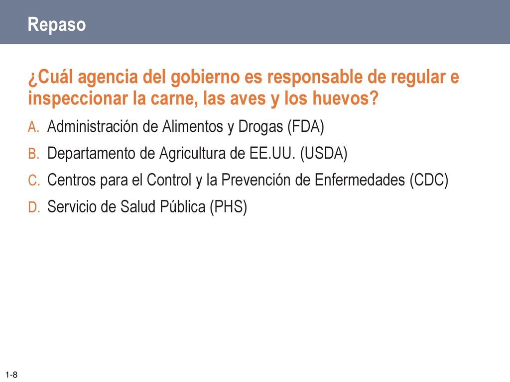Repaso ¿Cuál agencia del gobierno es responsable de regular e inspeccionar la carne, las aves y los huevos