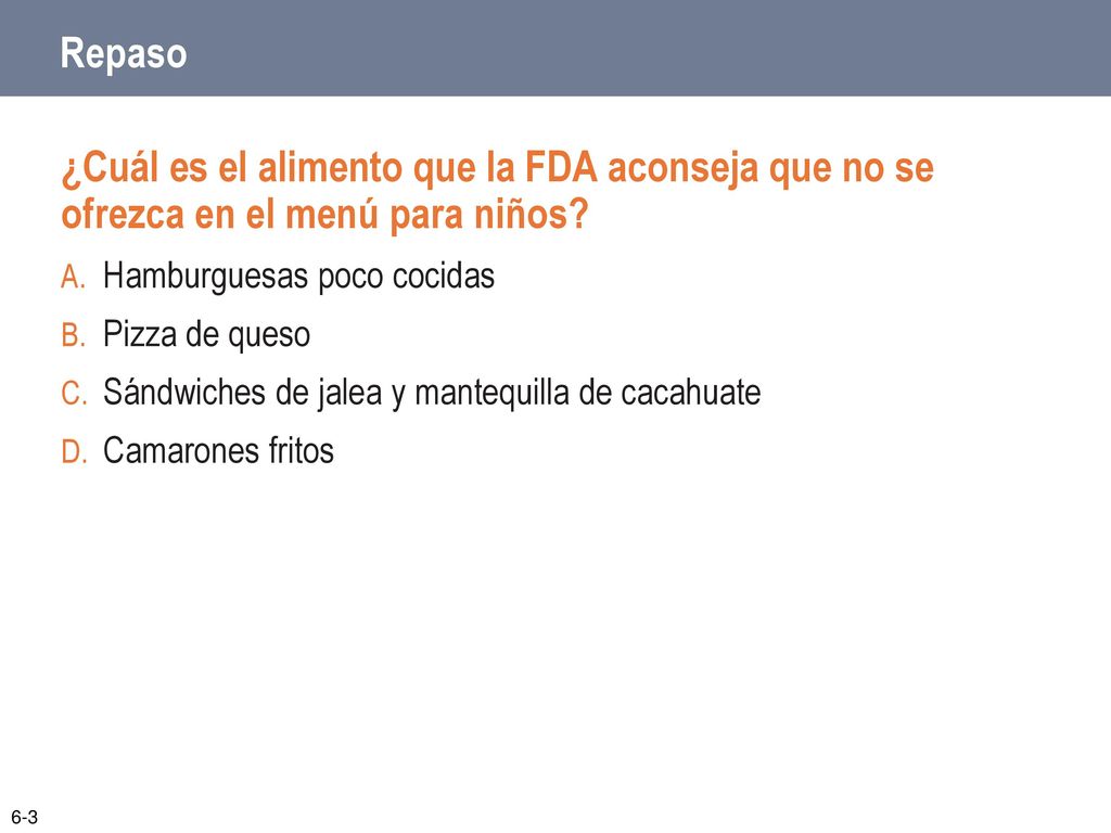 Repaso ¿Cuál es el alimento que la FDA aconseja que no se ofrezca en el menú para niños Hamburguesas poco cocidas.