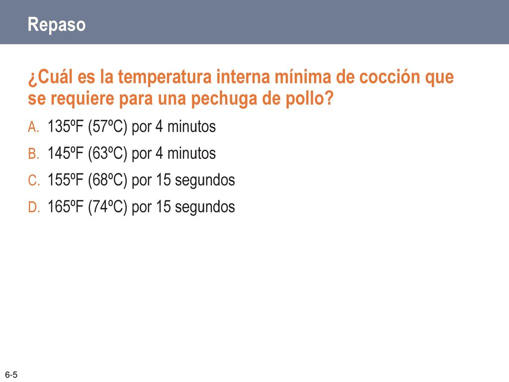 Repaso ¿Cuál es la temperatura interna mínima de cocción que se requiere para una pechuga de pollo