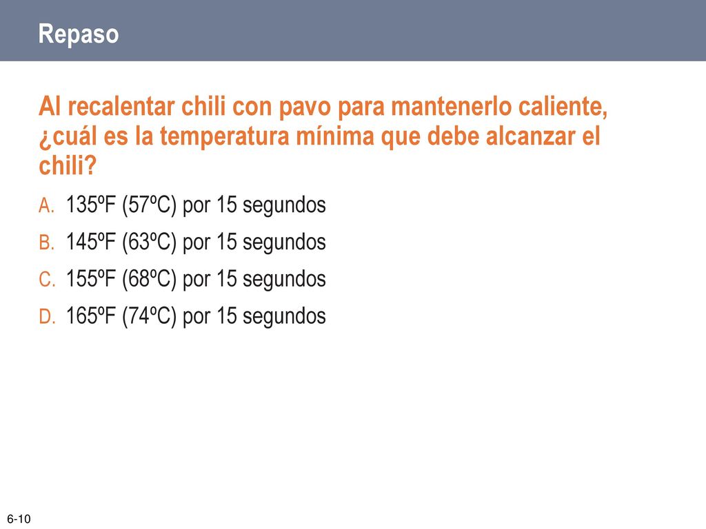 Repaso Al recalentar chili con pavo para mantenerlo caliente, ¿cuál es la temperatura mínima que debe alcanzar el chili