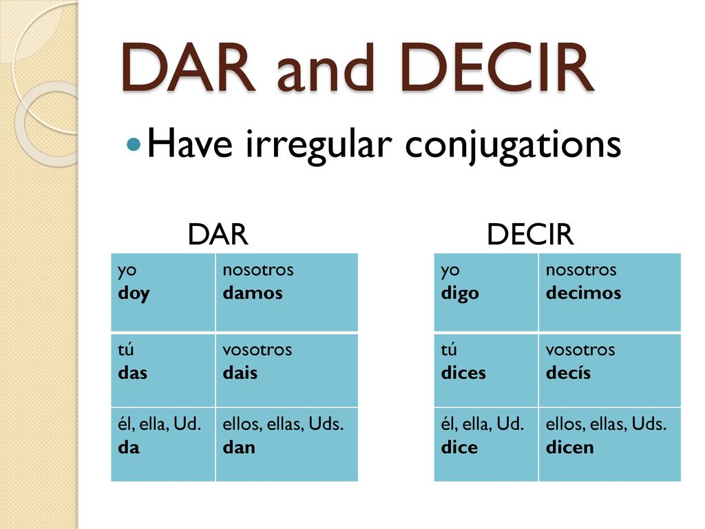 DAR and DECIR Have irregular conjugations DAR DECIR yo doy