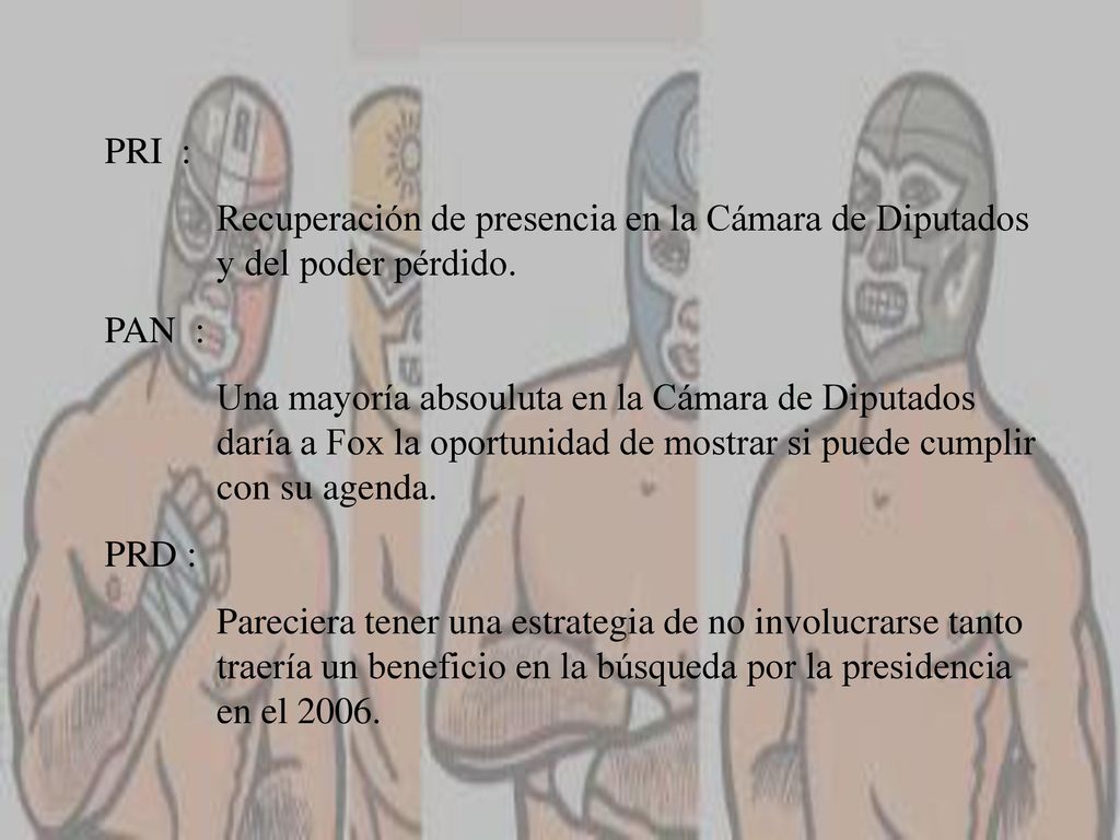 PRI : Recuperación de presencia en la Cámara de Diputados y del poder pérdido. PAN :