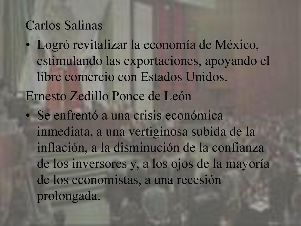 Carlos Salinas Logró revitalizar la economía de México, estimulando las exportaciones, apoyando el libre comercio con Estados Unidos.