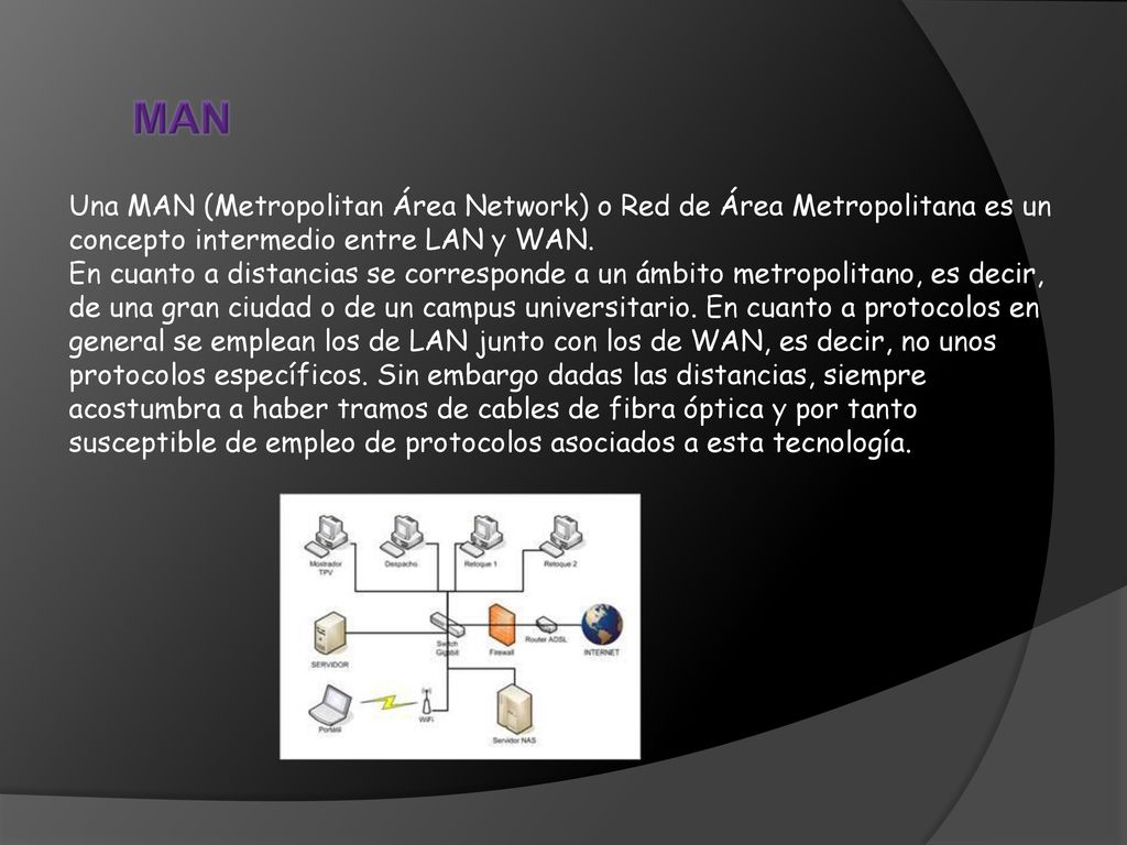 MAN Una MAN (Metropolitan Área Network) o Red de Área Metropolitana es un concepto intermedio entre LAN y WAN.