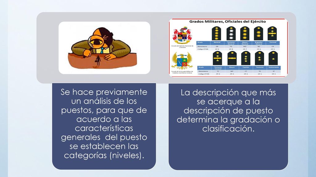Se hace previamente un análisis de los puestos, para que de acuerdo a las características generales del puesto se establecen las categorías (niveles).