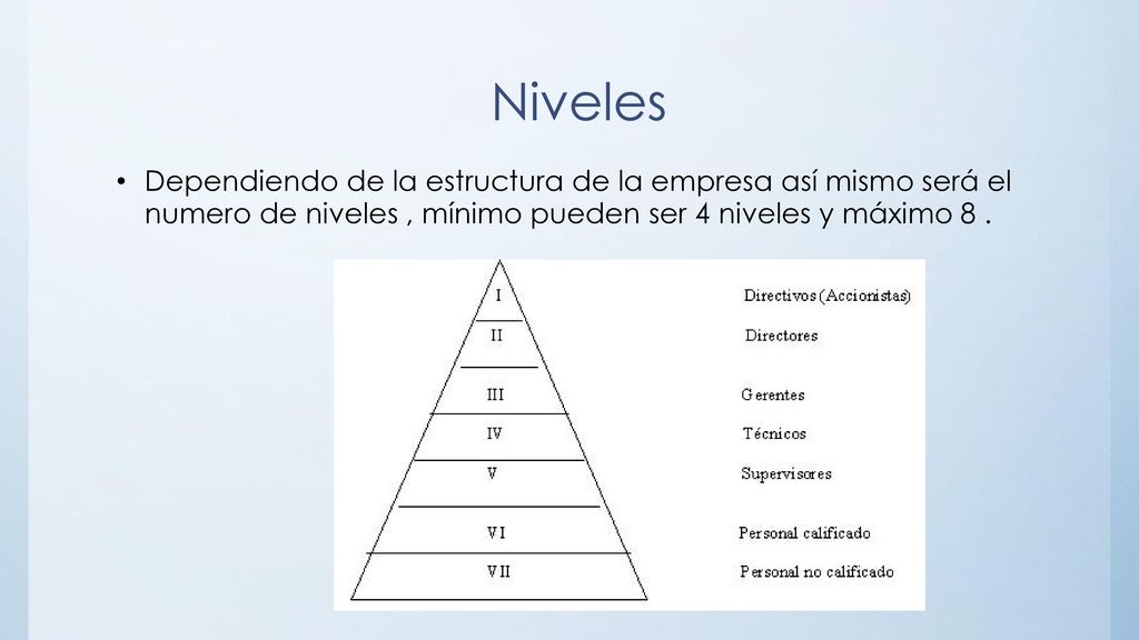 Niveles Dependiendo de la estructura de la empresa así mismo será el numero de niveles , mínimo pueden ser 4 niveles y máximo 8 .