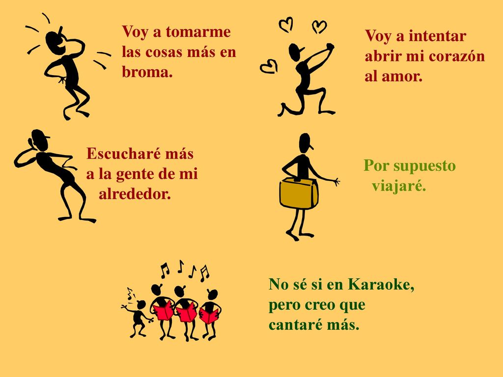 Voy a tomarme las cosas más en. broma. Voy a intentar. abrir mi corazón. al amor. Escucharé más.