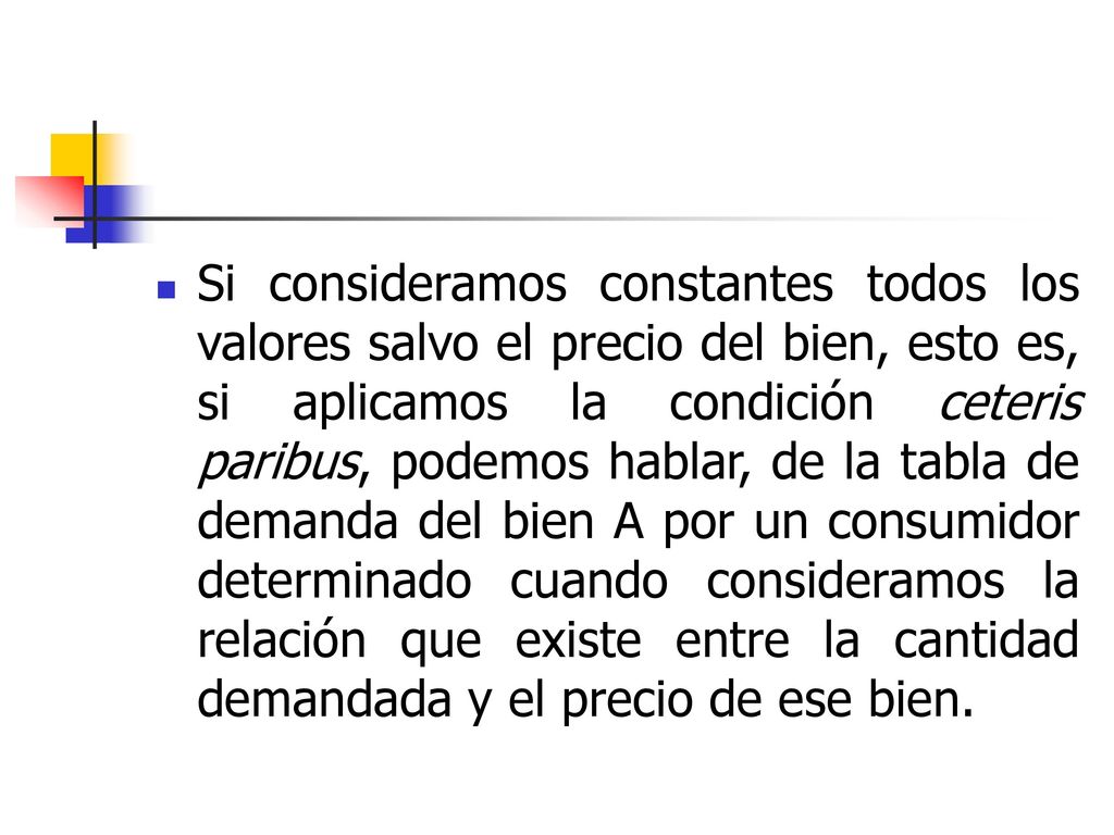 Si consideramos constantes todos los valores salvo el precio del bien, esto es, si aplicamos la condición ceteris paribus, podemos hablar, de la tabla de demanda del bien A por un consumidor determinado cuando consideramos la relación que existe entre la cantidad demandada y el precio de ese bien.