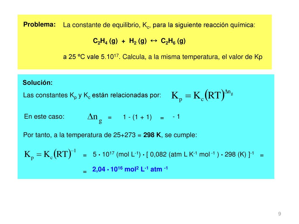 Problema: La constante de equilibrio, Kc, para la siguiente reacción química: C2H4 (g) + H2 (g)  C2H6 (g)