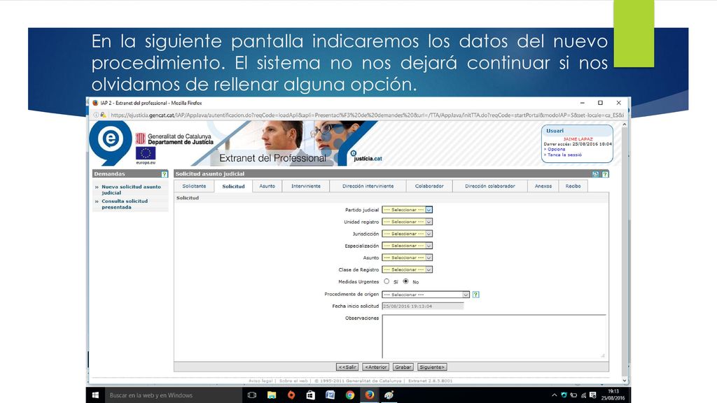 En la siguiente pantalla indicaremos los datos del nuevo procedimiento