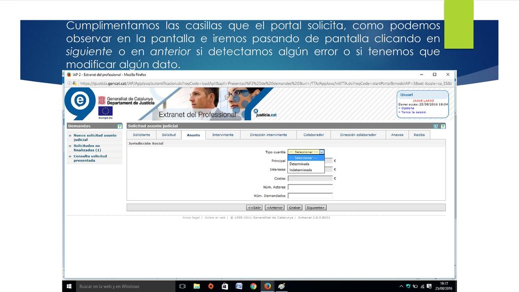 Cumplimentamos las casillas que el portal solicita, como podemos observar en la pantalla e iremos pasando de pantalla clicando en siguiente o en anterior si detectamos algún error o si tenemos que modificar algún dato.
