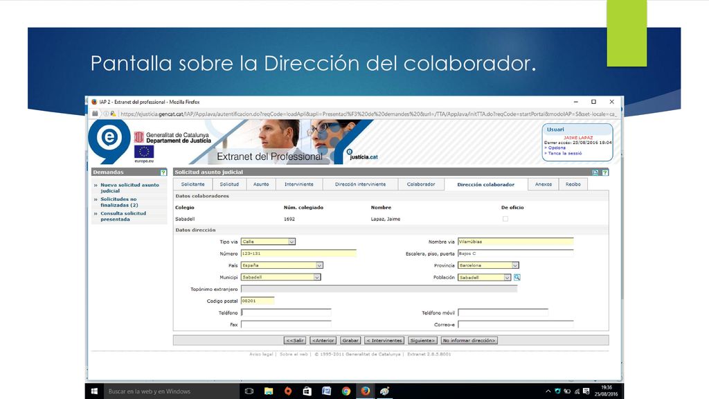 Pantalla sobre la Dirección del colaborador.