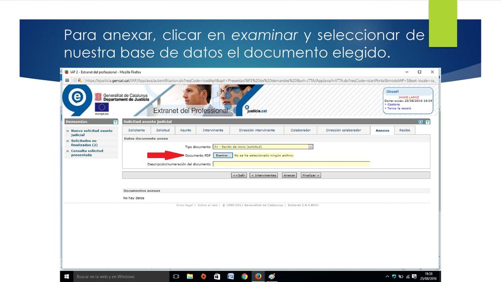 Para anexar, clicar en examinar y seleccionar de nuestra base de datos el documento elegido.