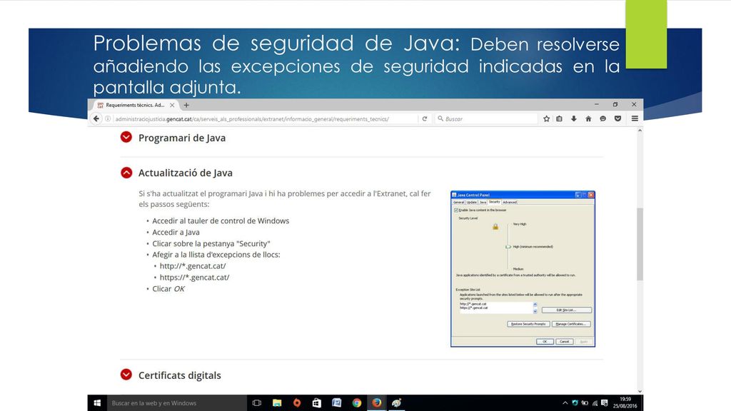 Problemas de seguridad de Java: Deben resolverse añadiendo las excepciones de seguridad indicadas en la pantalla adjunta.