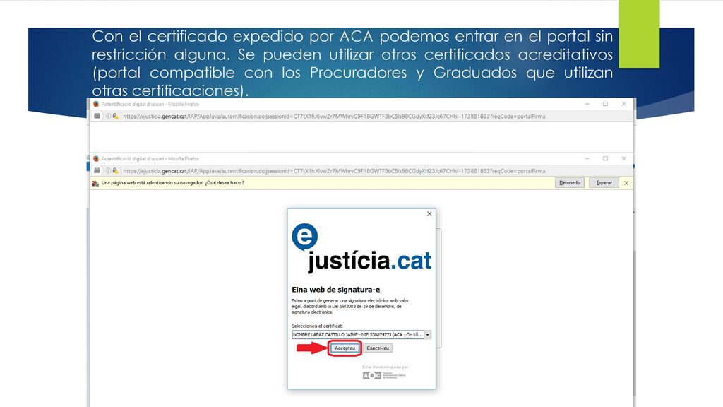 Con el certificado expedido por ACA podemos entrar en el portal sin restricción alguna.