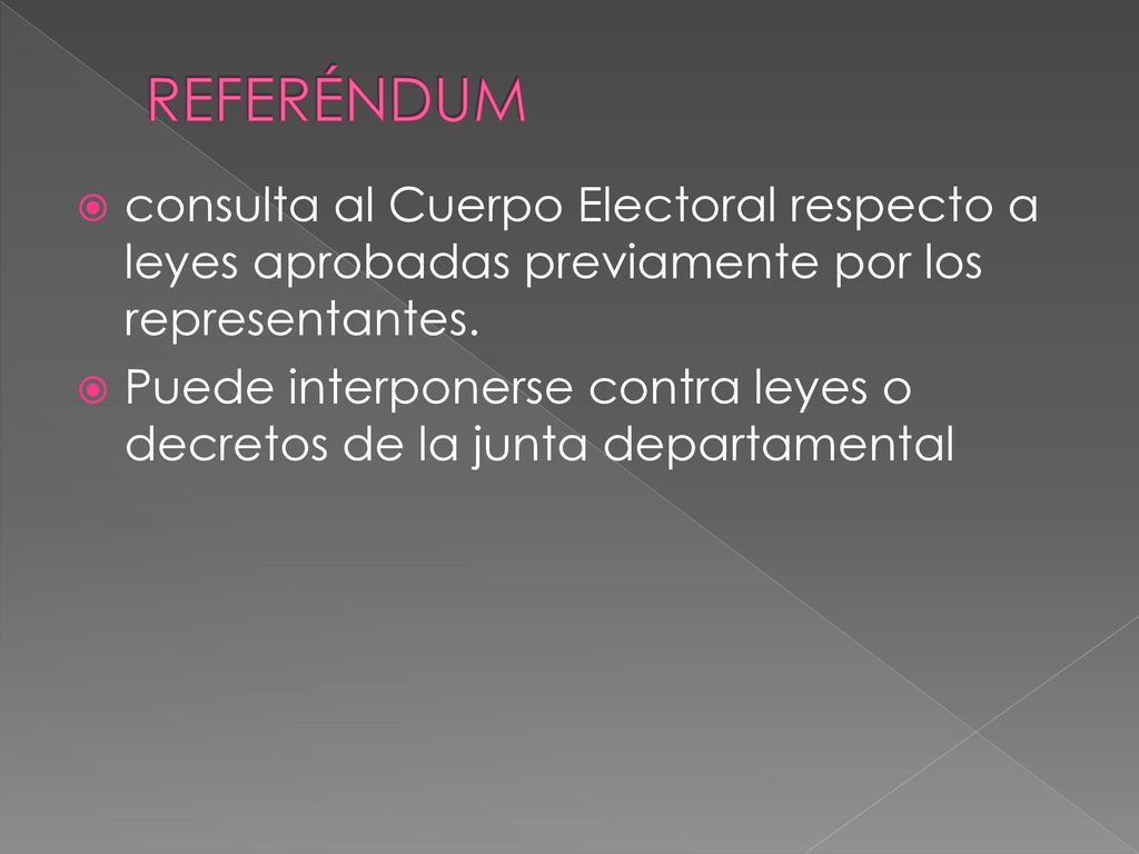 REFERÉNDUM consulta al Cuerpo Electoral respecto a leyes aprobadas previamente por los representantes.