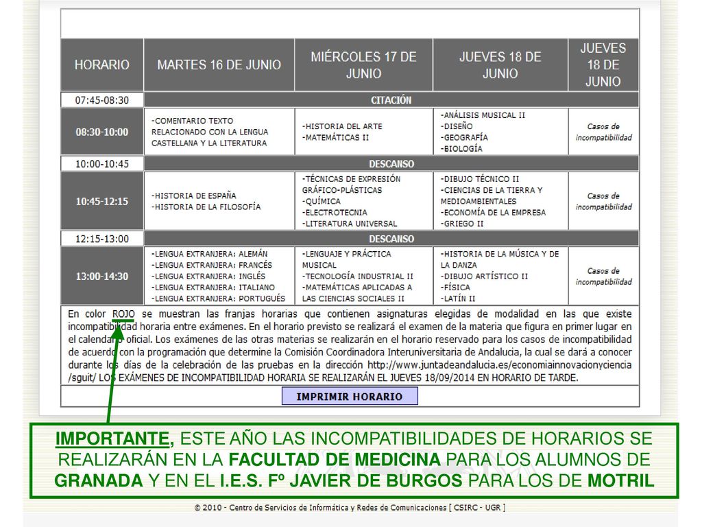 IMPORTANTE, ESTE AÑO LAS INCOMPATIBILIDADES DE HORARIOS SE REALIZARÁN EN LA FACULTAD DE MEDICINA PARA LOS ALUMNOS DE GRANADA Y EN EL I.E.S.