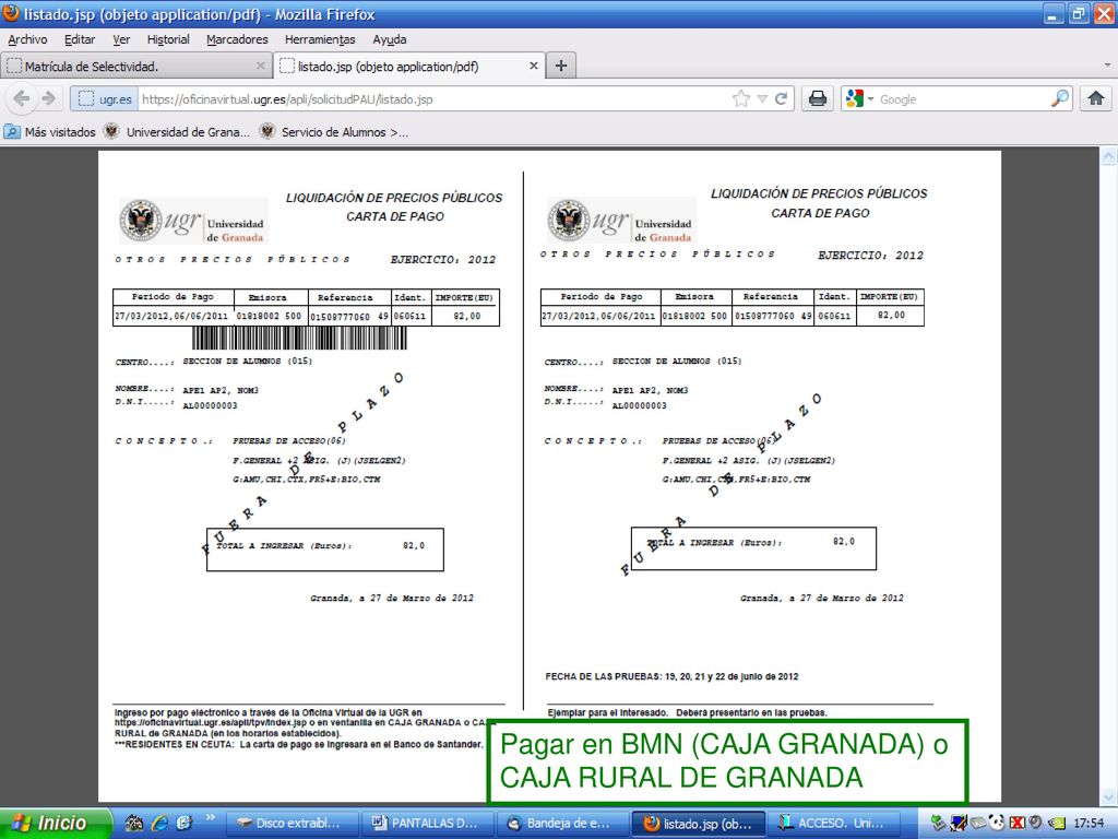 Pagar en BMN (CAJA GRANADA) o CAJA RURAL DE GRANADA