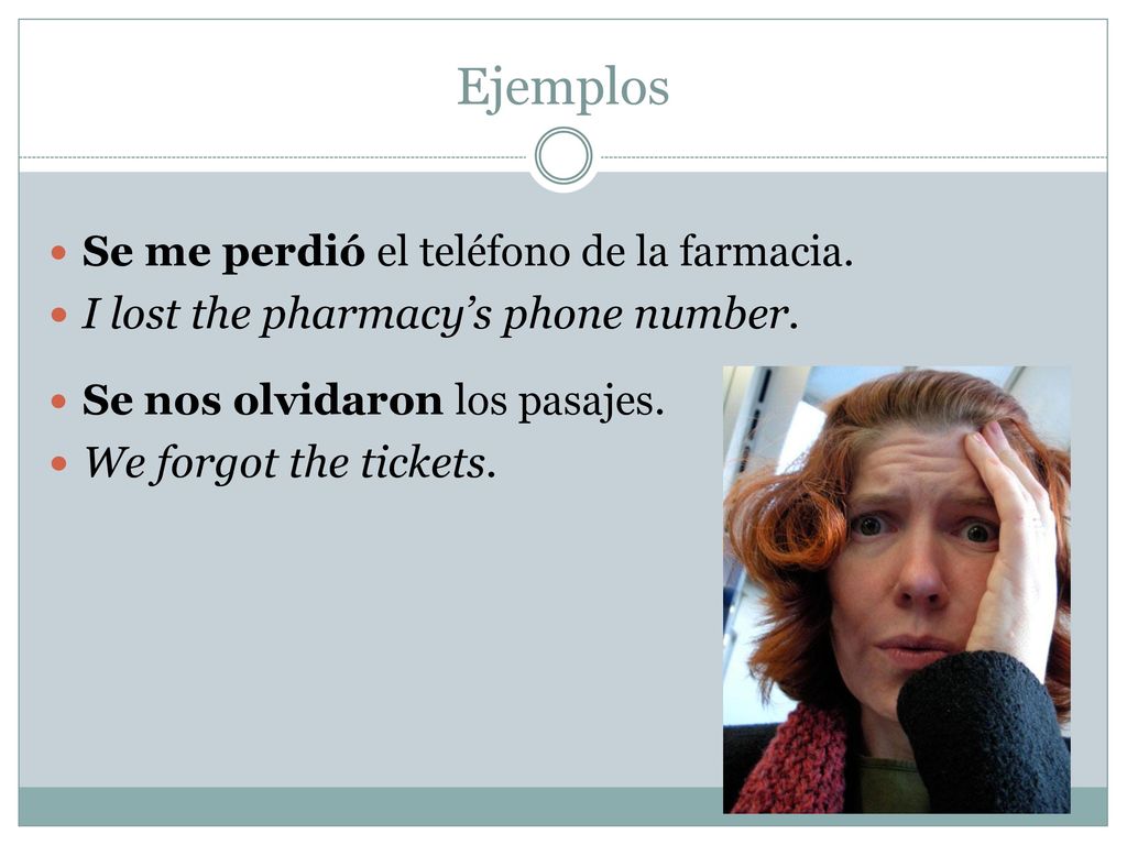 Ejemplos I lost the pharmacy’s phone number. We forgot the tickets.