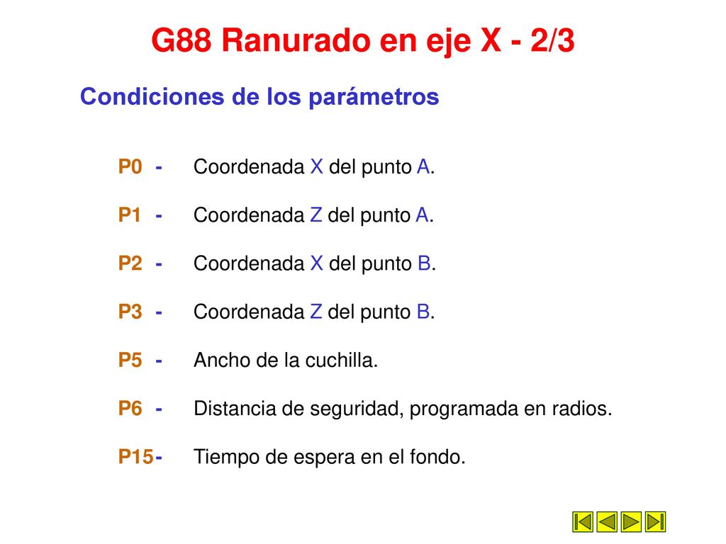 G88 Ranurado en eje X - 2/3 Condiciones de los parámetros