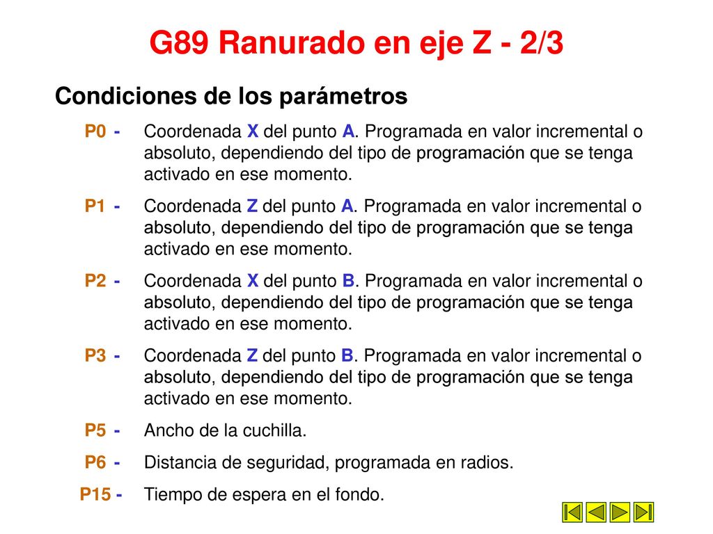 G89 Ranurado en eje Z - 2/3 Condiciones de los parámetros