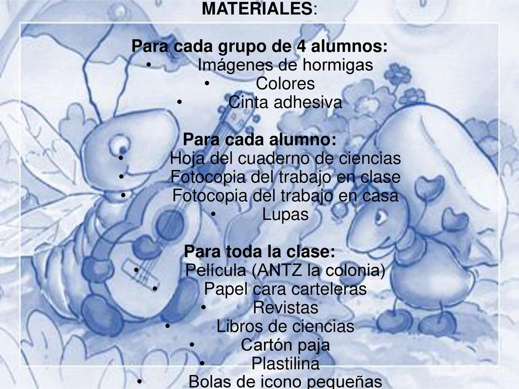 MATERIALES: Para cada grupo de 4 alumnos: •. Imágenes de hormigas •