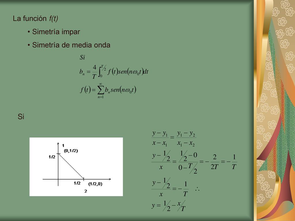 La función f(t) Simetría impar Simetría de media onda Si