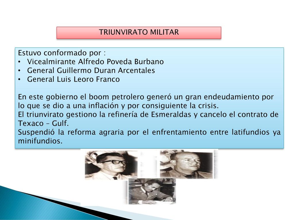 TRIUNVIRATO MILITAR Estuvo conformado por : Vicealmirante Alfredo Poveda Burbano. General Guillermo Duran Arcentales.