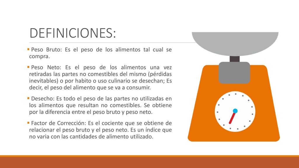 DEFINICIONES: Peso Bruto: Es el peso de los alimentos tal cual se compra.