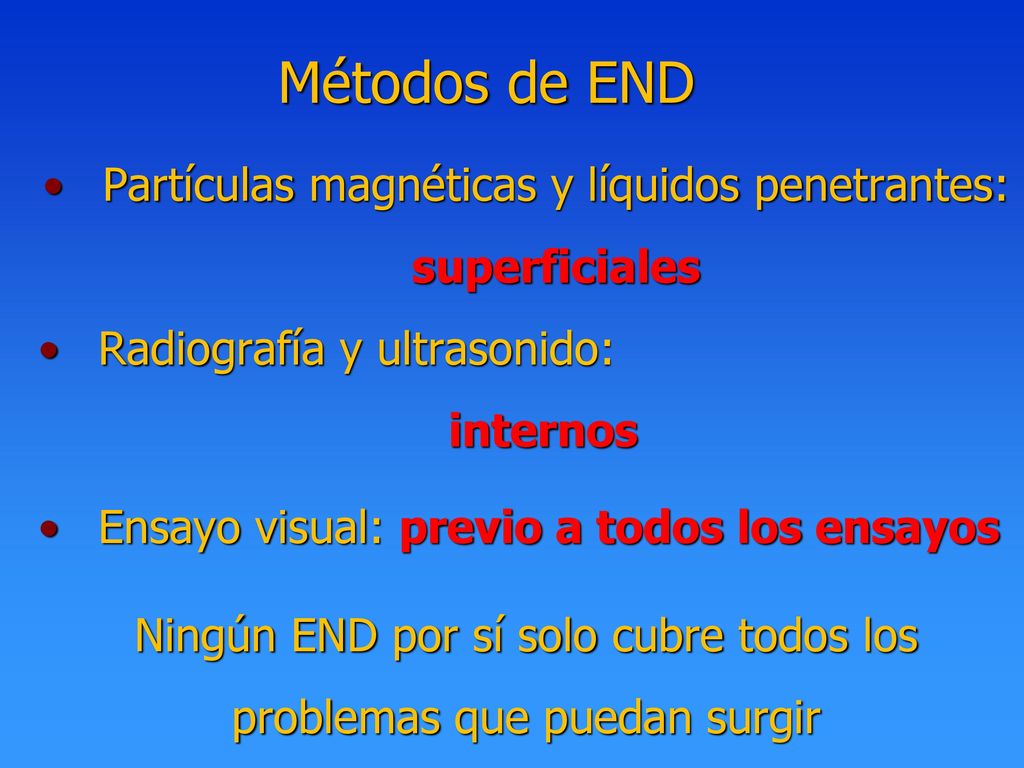 Métodos de END Partículas magnéticas y líquidos penetrantes: superficiales. Radiografía y ultrasonido: