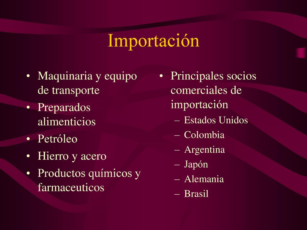 Importación Maquinaria y equipo de transporte Preparados alimenticios