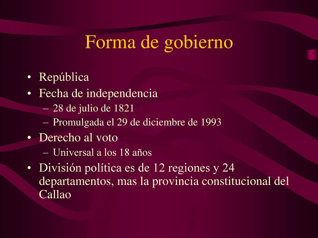 Forma de gobierno República Fecha de independencia Derecho al voto