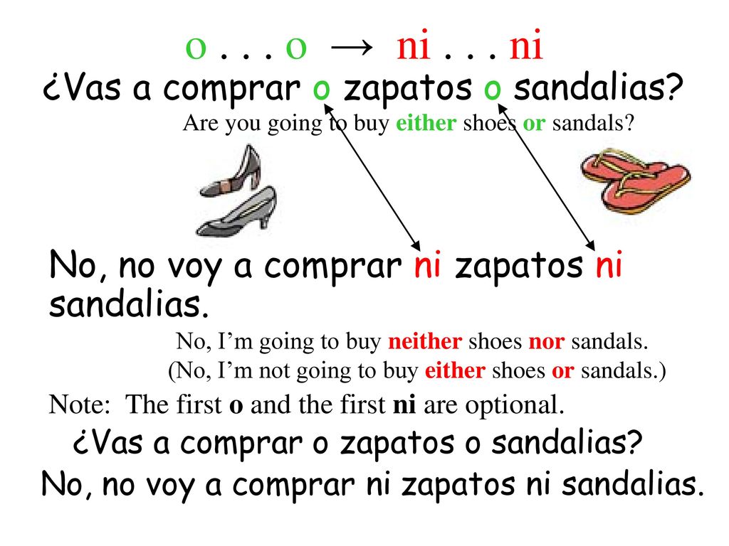 o o → ni ni ¿Vas a comprar o zapatos o sandalias