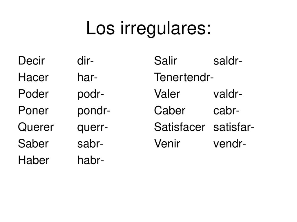 Los irregulares: Decir dir- Hacer har- Poder podr- Poner pondr-