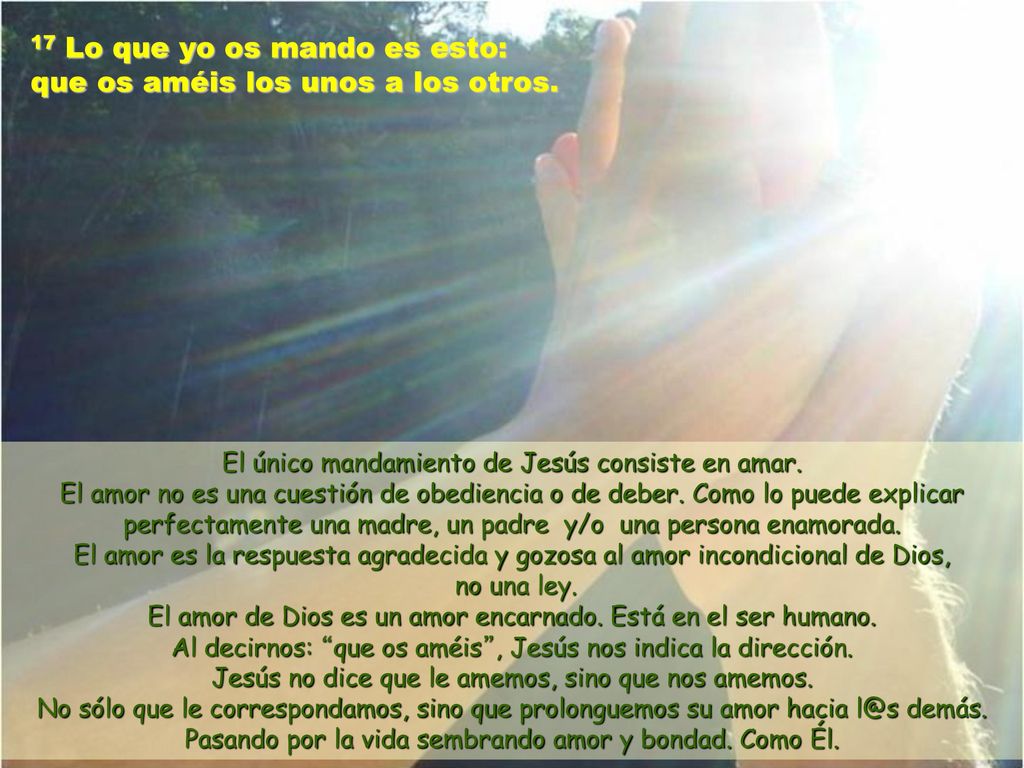 17 Lo que yo os mando es esto: que os améis los unos a los otros.