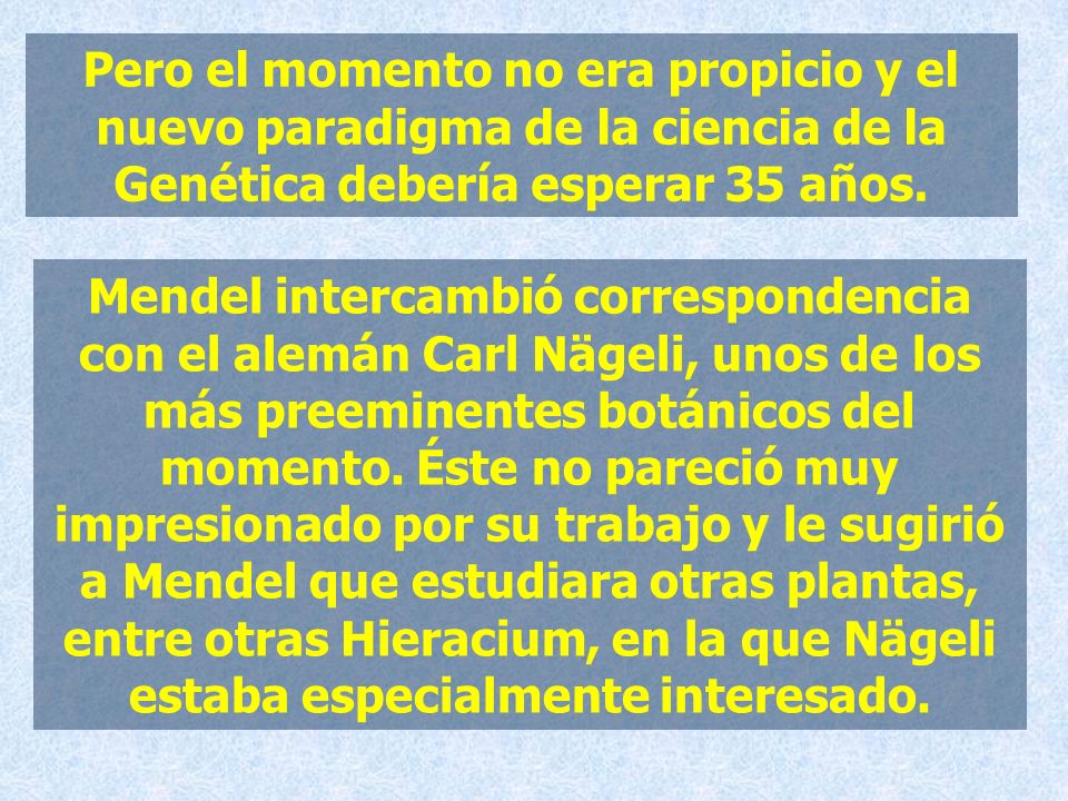 Pero el momento no era propicio y el nuevo paradigma de la ciencia de la Genética debería esperar 35 años.