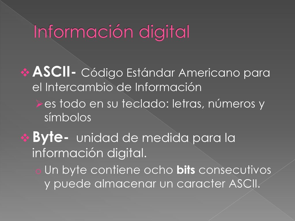 Información digital ASCII- Código Estándar Americano para el Intercambio de Información. es todo en su teclado: letras, números y símbolos.