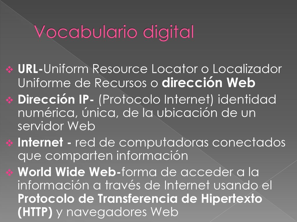 Vocabulario digital URL-Uniform Resource Locator o Localizador Uniforme de Recursos o dirección Web.