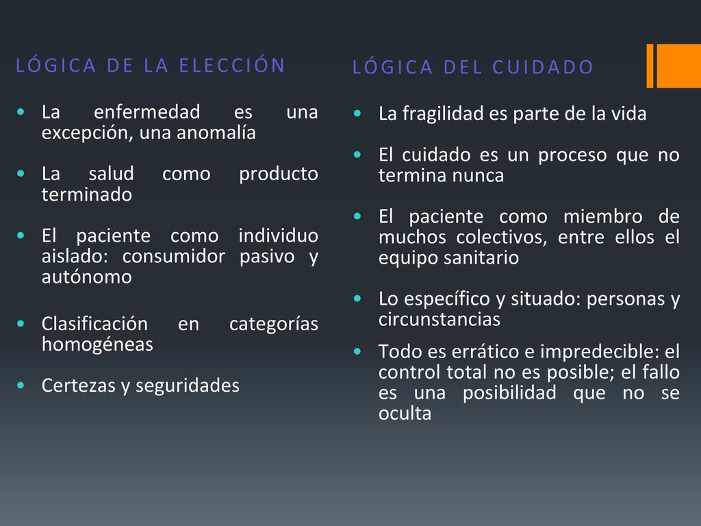 LÓGICA DE LA ELECCIÓN La enfermedad es una excepción, una anomalía. La salud como producto terminado.