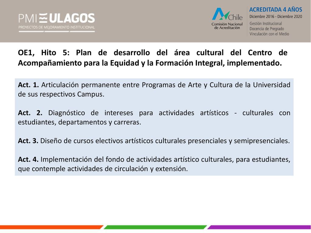 OE1, Hito 5: Plan de desarrollo del área cultural del Centro de Acompañamiento para la Equidad y la Formación Integral, implementado.