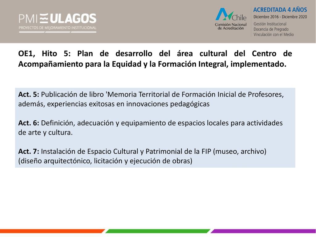 OE1, Hito 5: Plan de desarrollo del área cultural del Centro de Acompañamiento para la Equidad y la Formación Integral, implementado.