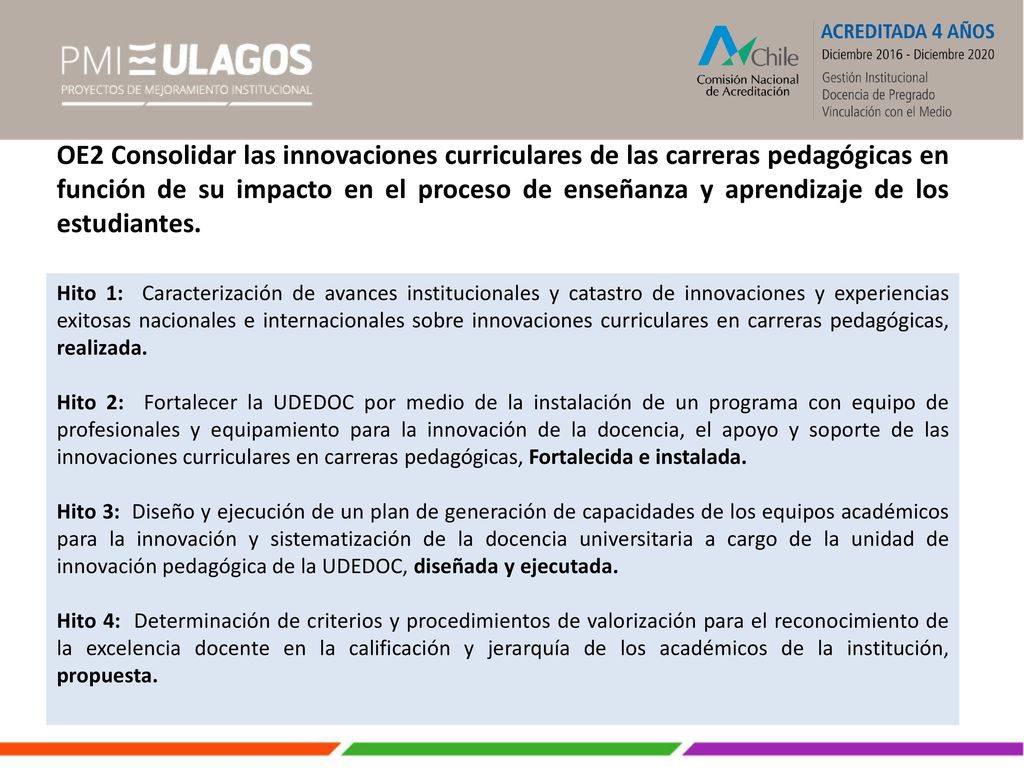 OE2 Consolidar las innovaciones curriculares de las carreras pedagógicas en función de su impacto en el proceso de enseñanza y aprendizaje de los estudiantes.