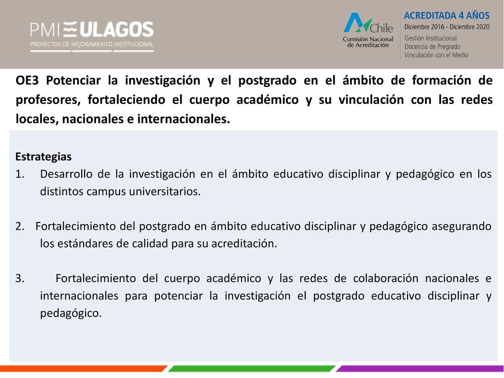 OE3 Potenciar la investigación y el postgrado en el ámbito de formación de profesores, fortaleciendo el cuerpo académico y su vinculación con las redes locales, nacionales e internacionales.