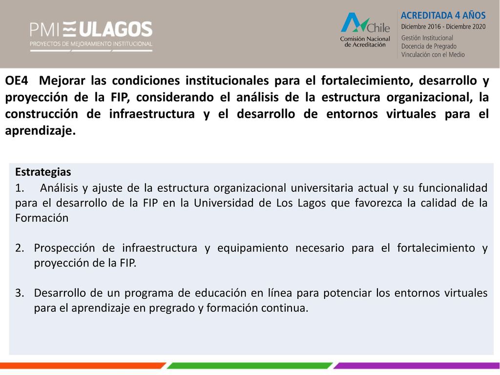 OE4 Mejorar las condiciones institucionales para el fortalecimiento, desarrollo y proyección de la FIP, considerando el análisis de la estructura organizacional, la construcción de infraestructura y el desarrollo de entornos virtuales para el aprendizaje.