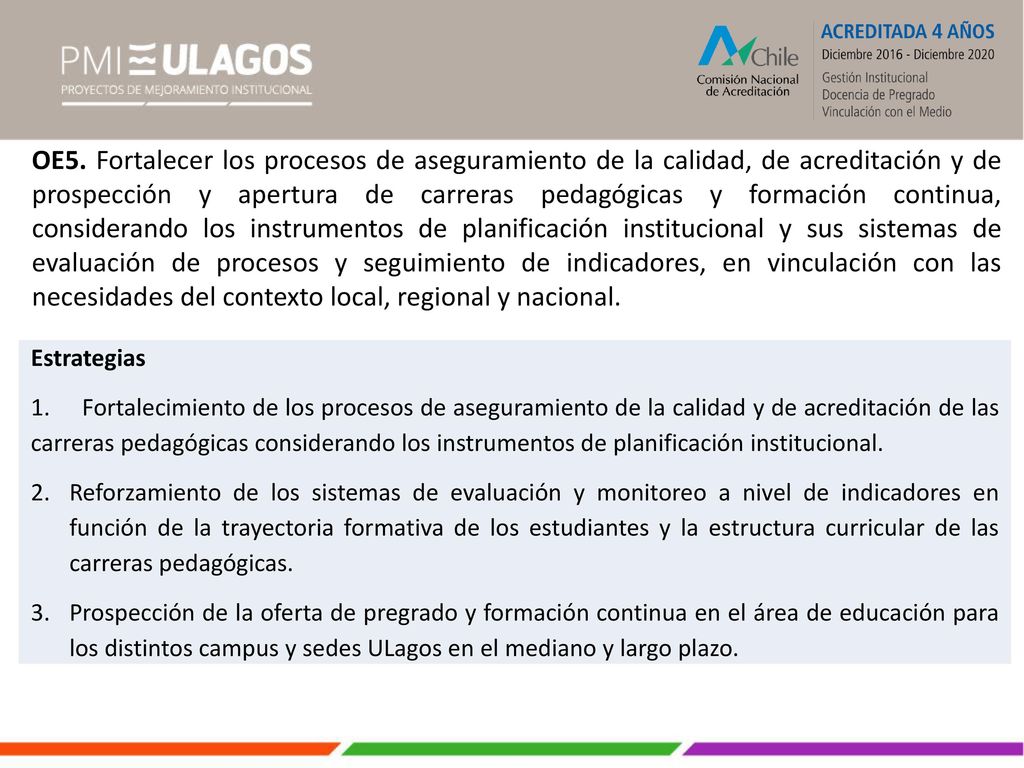 OE5. Fortalecer los procesos de aseguramiento de la calidad, de acreditación y de prospección y apertura de carreras pedagógicas y formación continua, considerando los instrumentos de planificación institucional y sus sistemas de evaluación de procesos y seguimiento de indicadores, en vinculación con las necesidades del contexto local, regional y nacional.