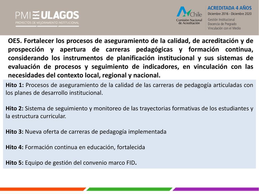 OE5. Fortalecer los procesos de aseguramiento de la calidad, de acreditación y de prospección y apertura de carreras pedagógicas y formación continua, considerando los instrumentos de planificación institucional y sus sistemas de evaluación de procesos y seguimiento de indicadores, en vinculación con las necesidades del contexto local, regional y nacional.