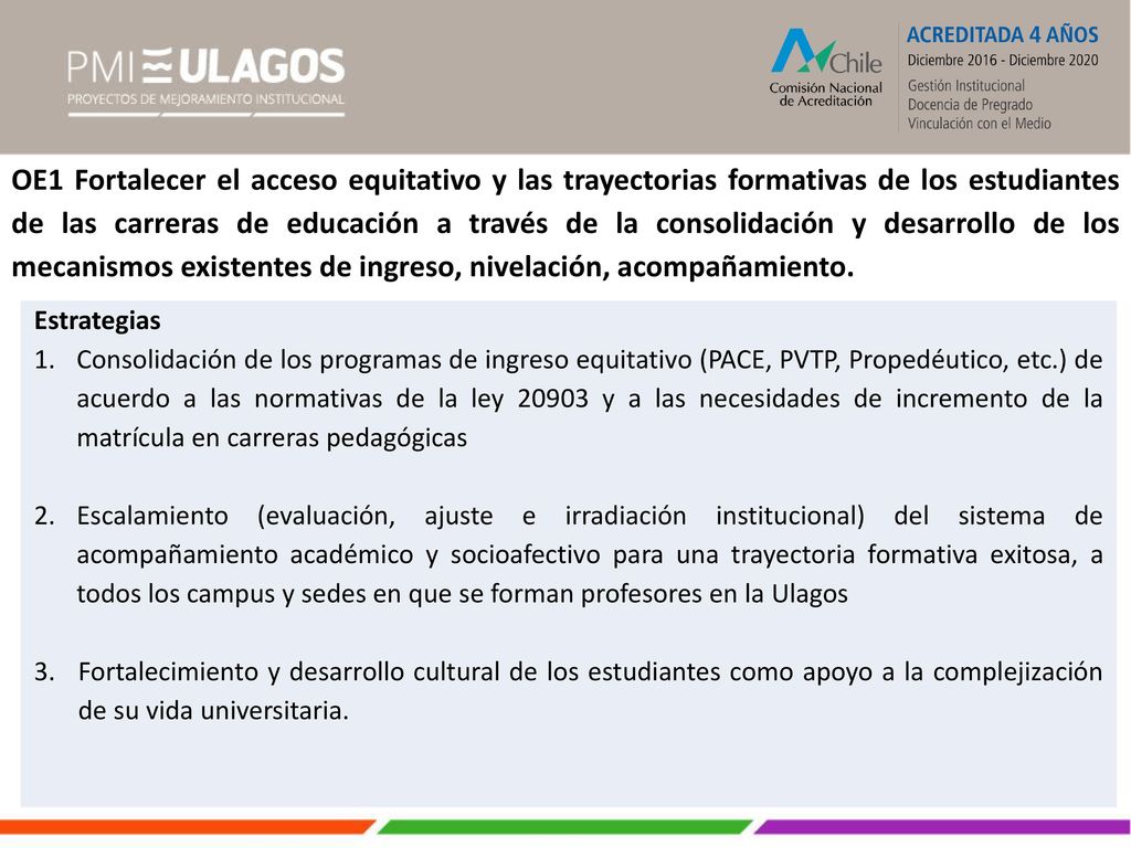 OE1 Fortalecer el acceso equitativo y las trayectorias formativas de los estudiantes de las carreras de educación a través de la consolidación y desarrollo de los mecanismos existentes de ingreso, nivelación, acompañamiento.