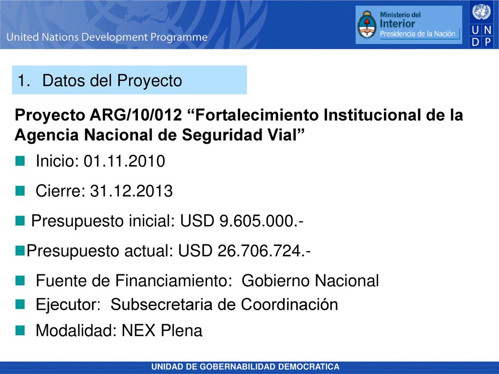 1. Datos del Proyecto Proyecto ARG/10/012 Fortalecimiento Institucional de la Agencia Nacional de Seguridad Vial