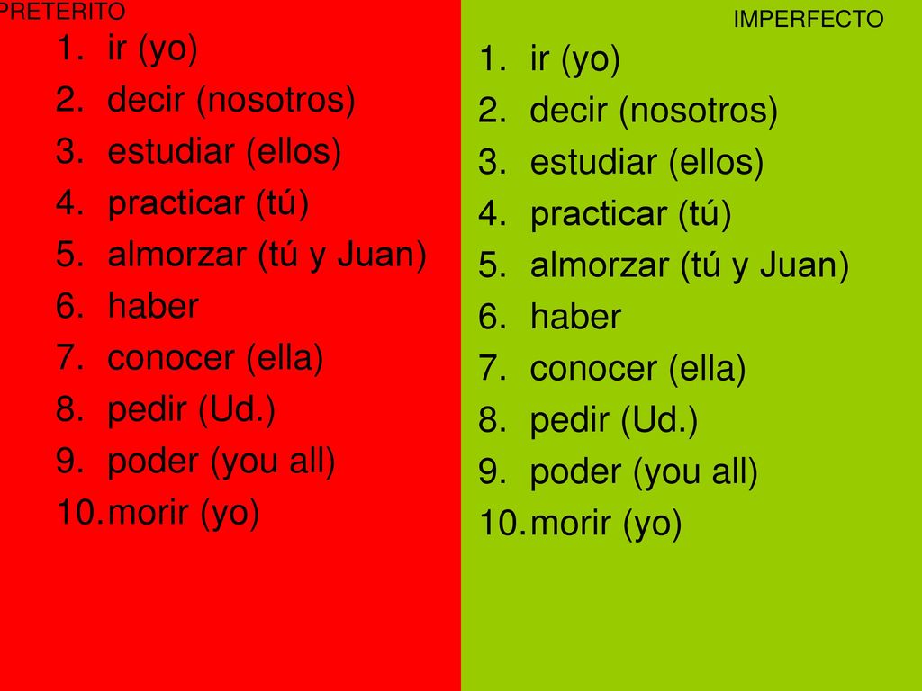 ir (yo) ir (yo) decir (nosotros) decir (nosotros) estudiar (ellos)